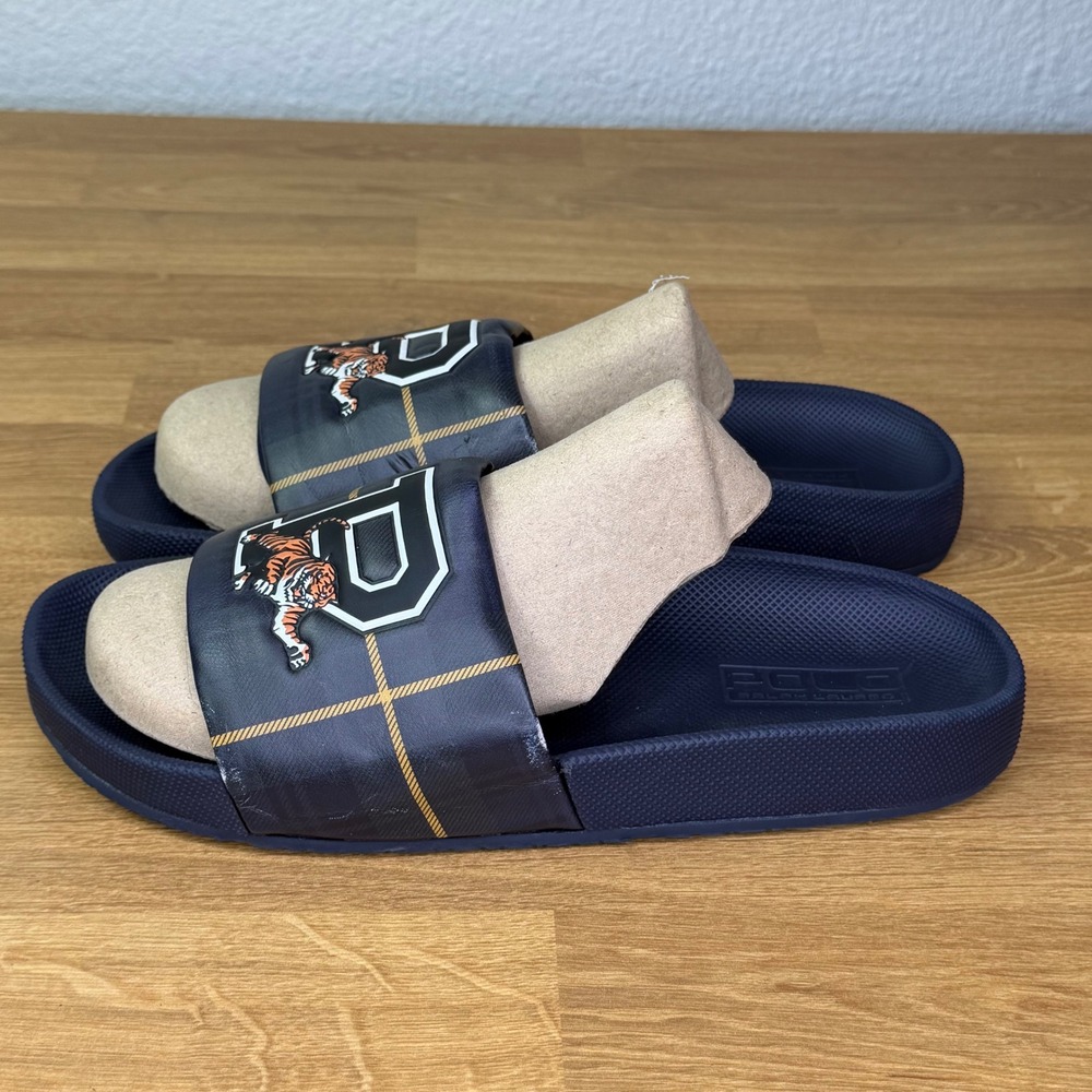 Polo Ralph Lauren Cayson Tiger Plaid Slide Sandals Navy Blue size 9